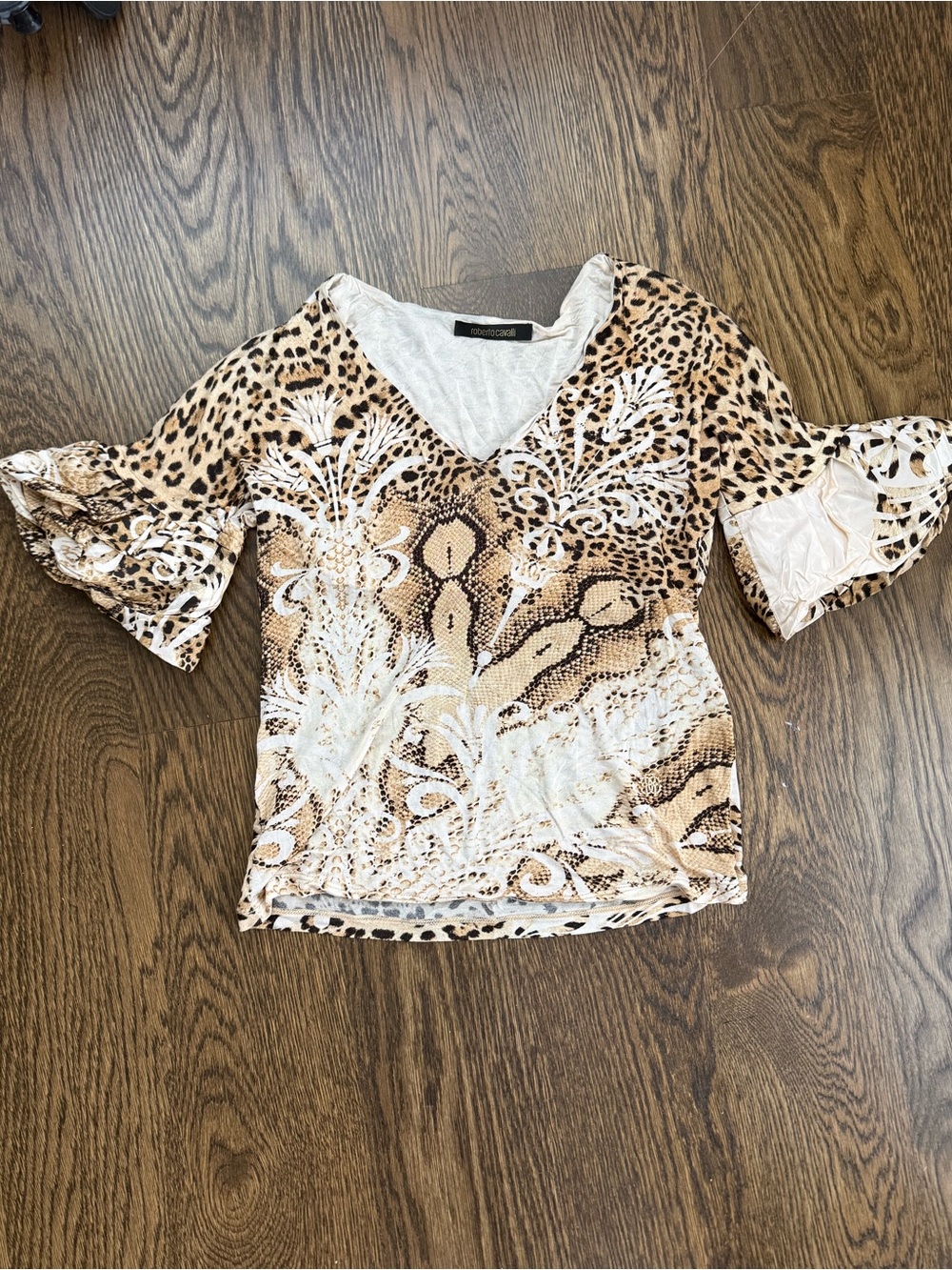 Roberto Cavalli V-Neck Mixed Animal & Floral Print Top in Tan and Cream